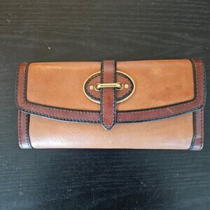 Fossil Brown Leather Wallet Two-Tone Tan & Chocolate Brass Hardware